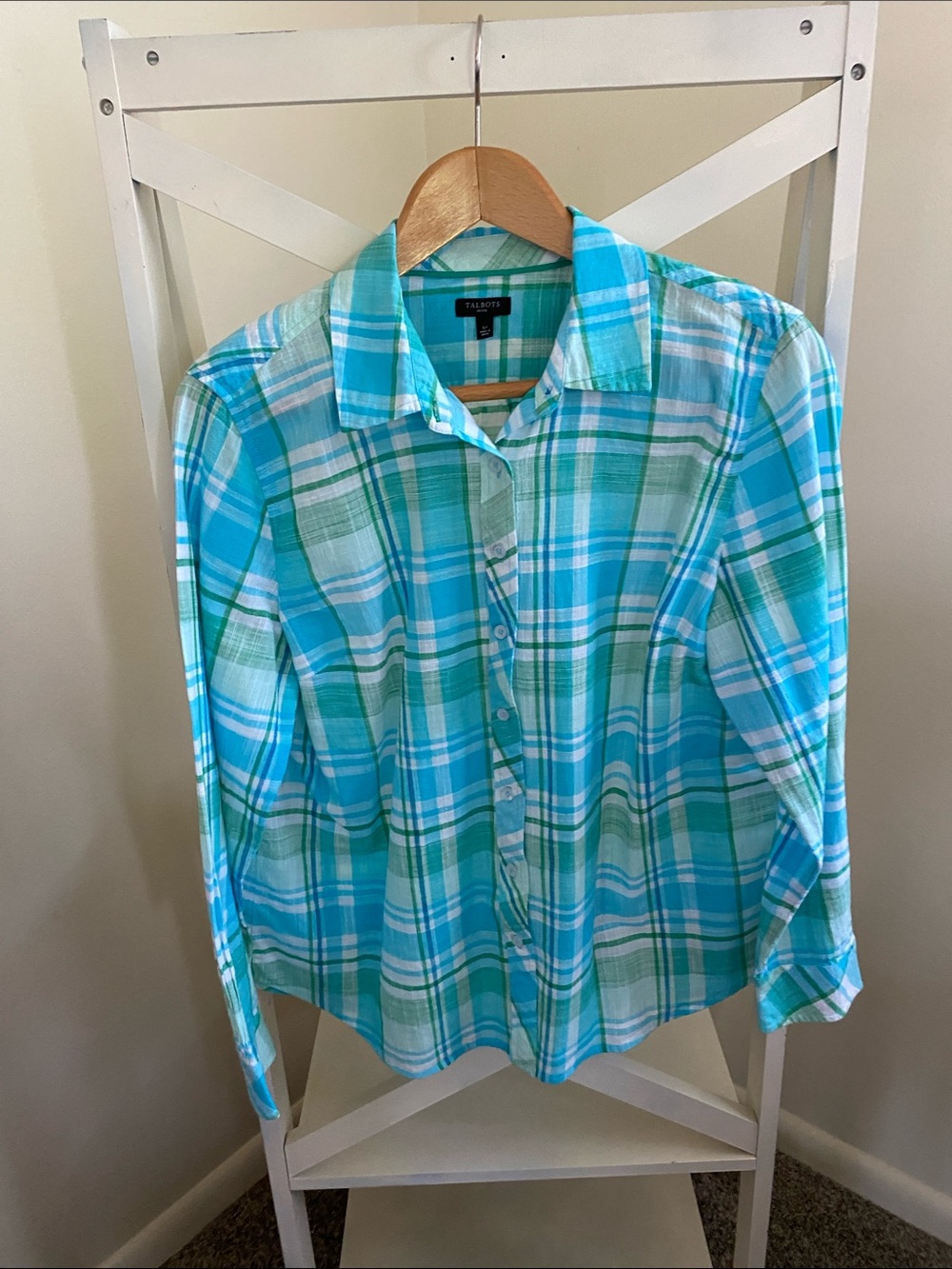 Talbots Aqua and White Plaid Button-Down Shirt